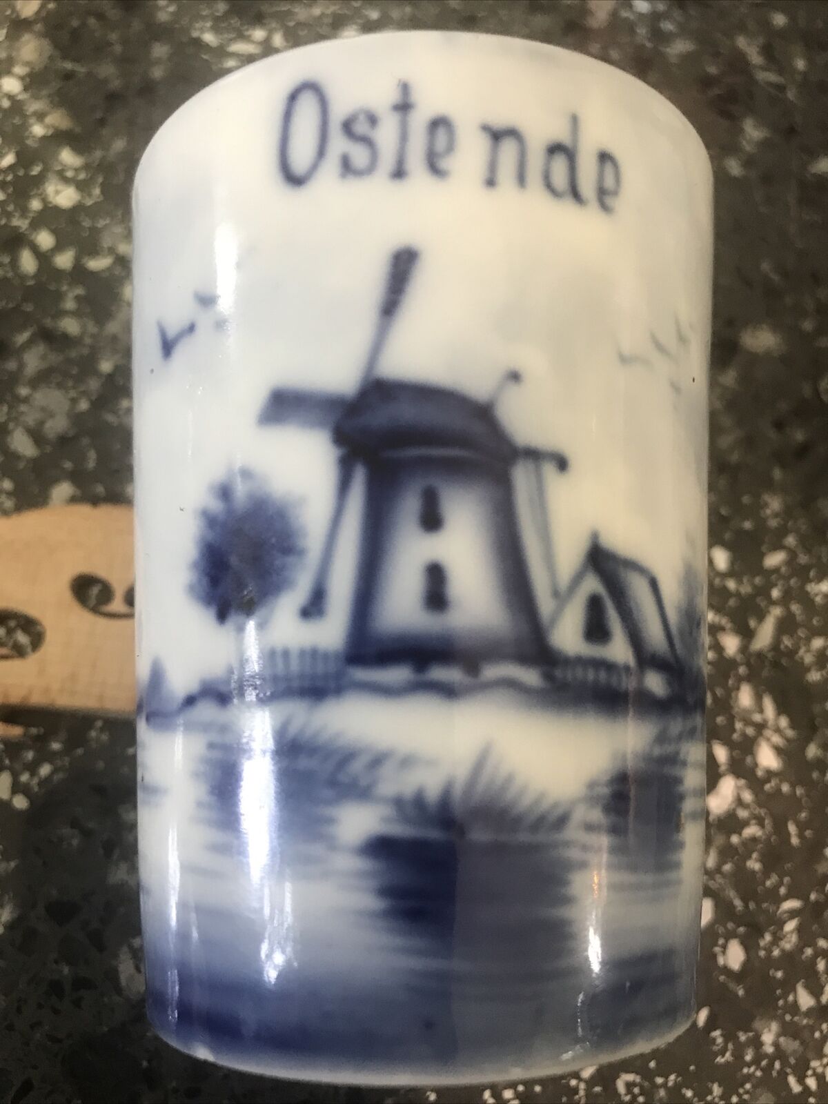 Vintage Delft  Blue Cigarette Holder Cup  0stende  Windmills Sailboats Birds 007