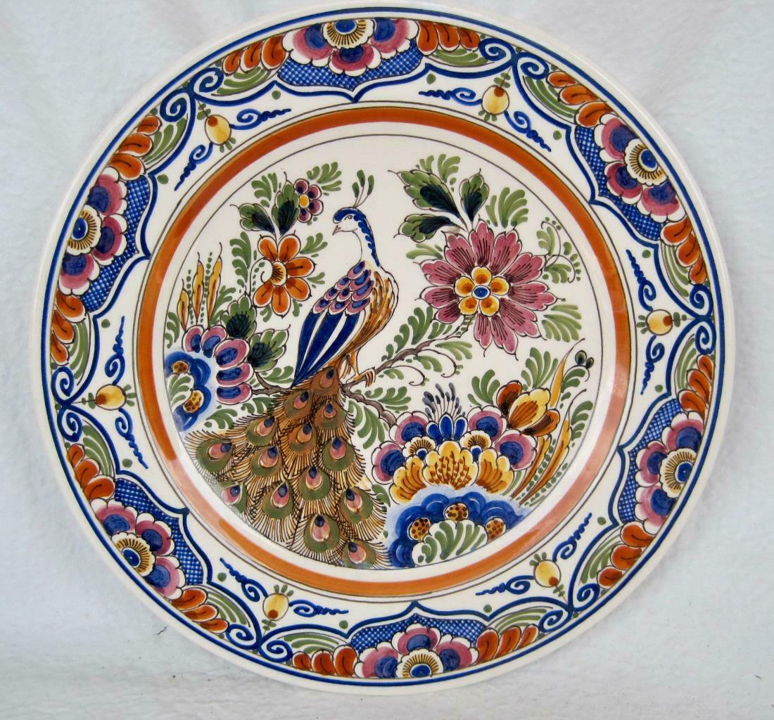 Delft Pottery Polychrome Peacock Floral Bird Plate 11 1/8" Signed Dutch Hanging