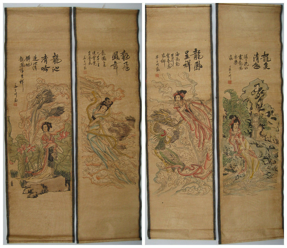 Antique 4pcs Old Chinese Collection“ Beauty And Dragon" Painting & Scroll