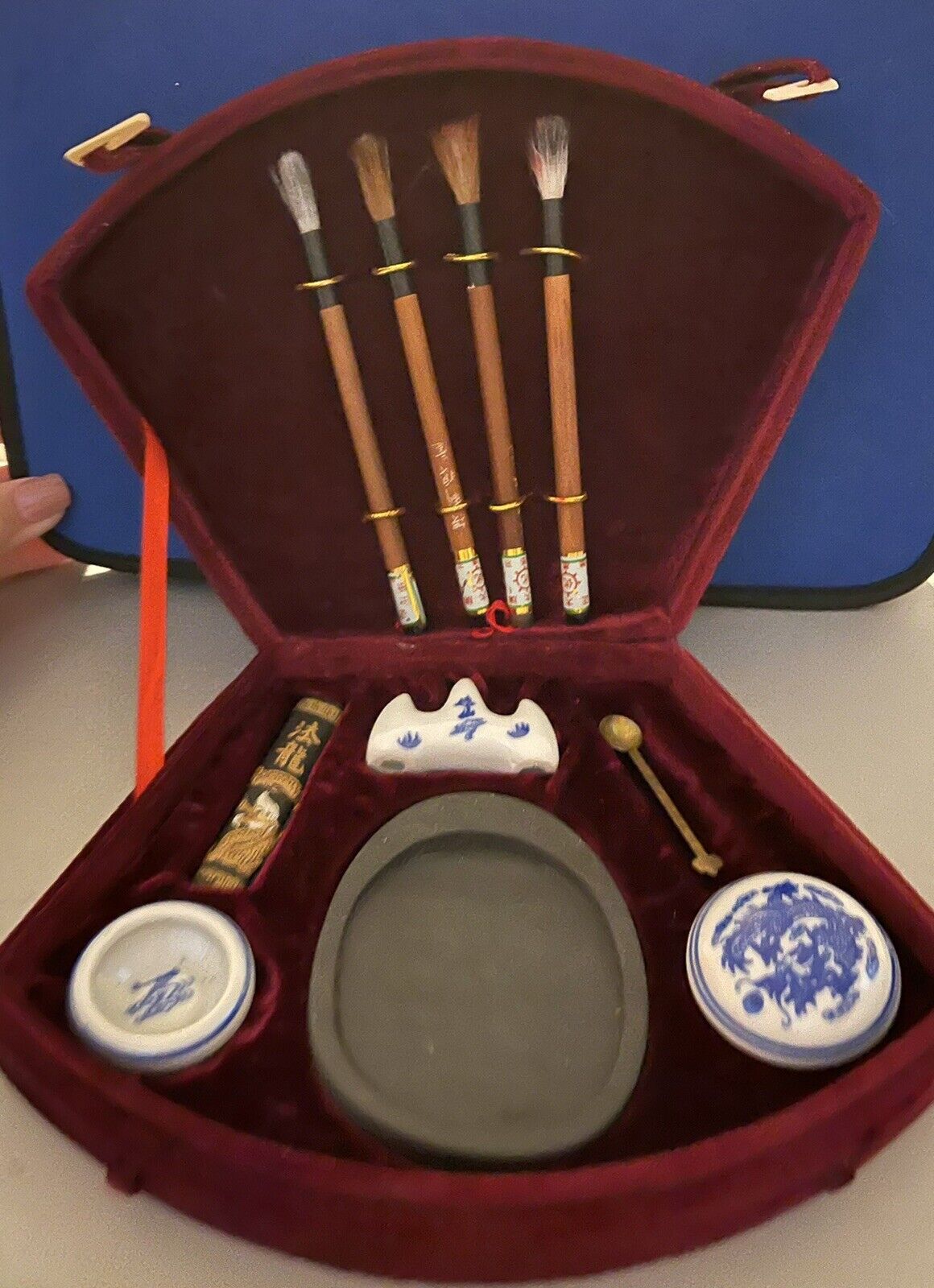 Vintage Asian Chinese Brush Psinting Set In Red Case