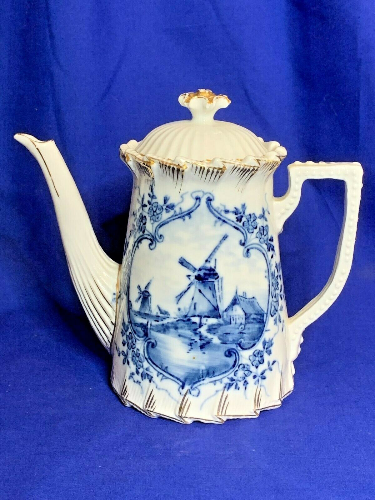 Antique Delft Blue China Windmill Pattern Teapot