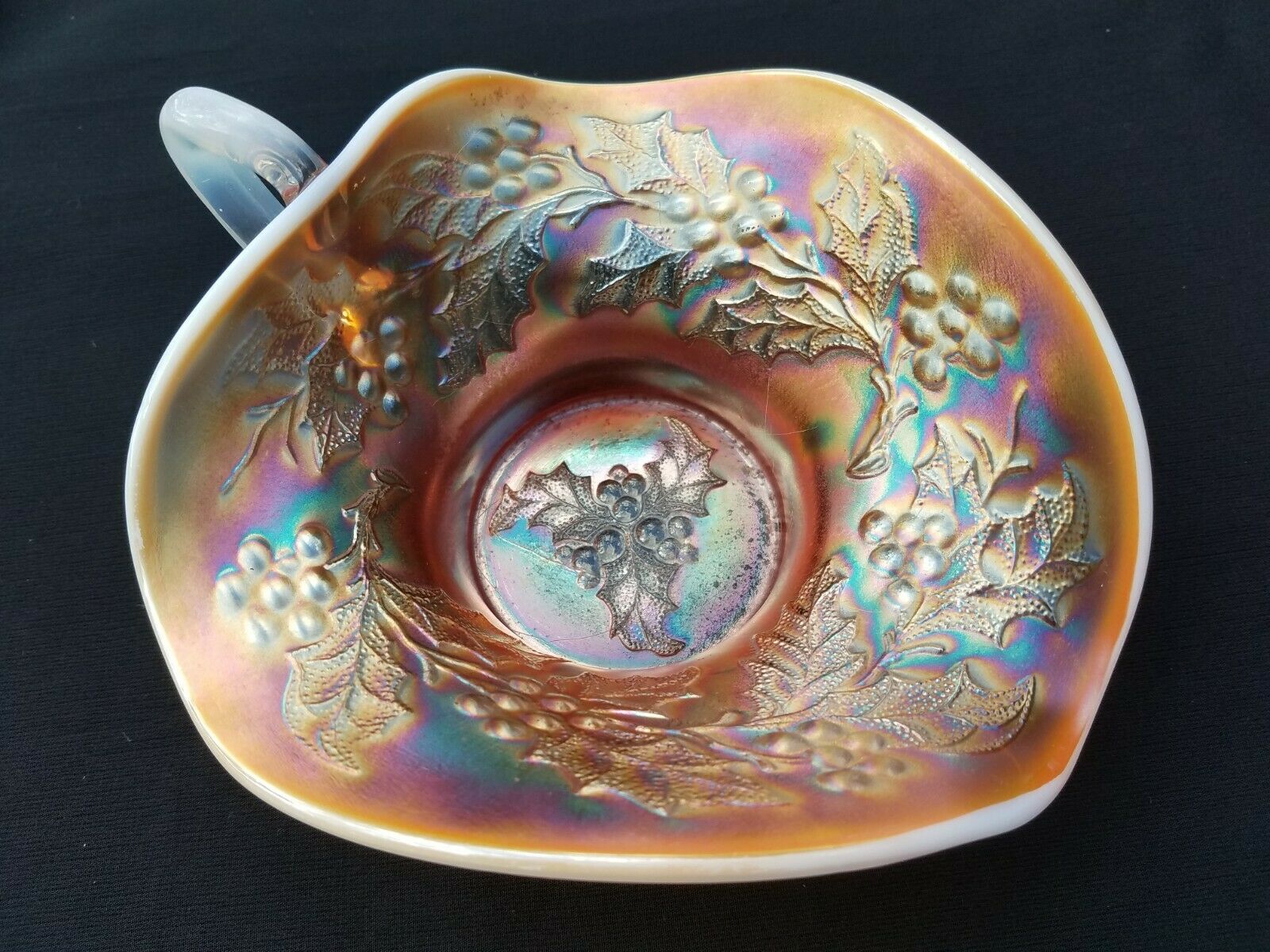 Dugan Carnival Glass Peach Opalescent Holly And Berry Nappy Bowl