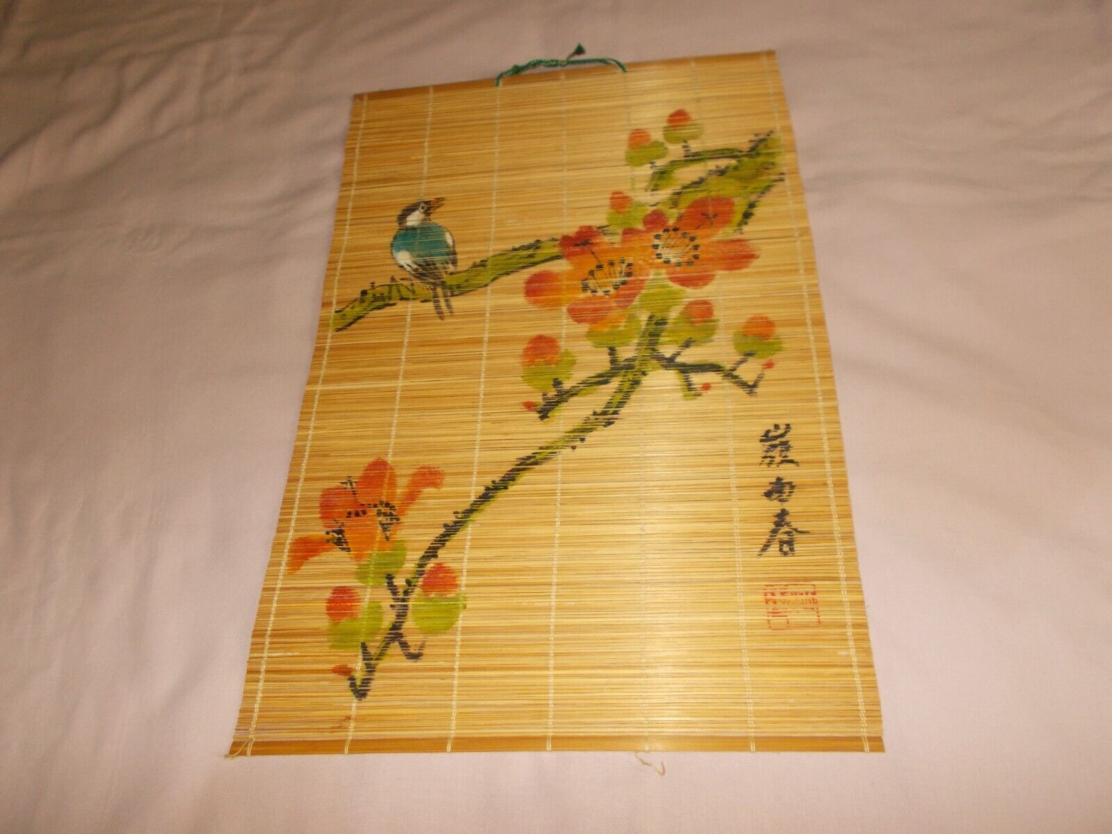 Bamboo Wall Hanging Flowers Blue Bird Painted Chinese Asian