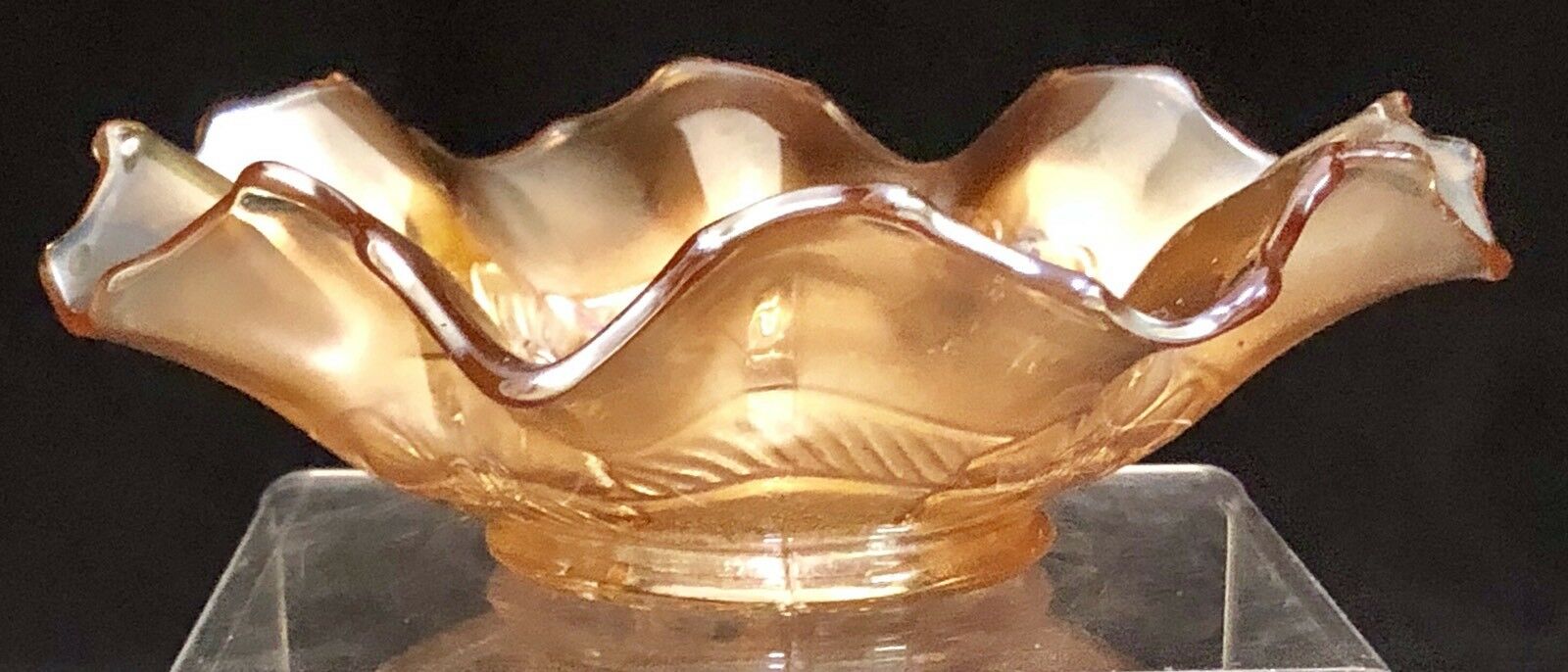 Antique C1915 Dugan Carnival Glass Apple Blossom And Ribbon 7" Bowl Ruffled Edge