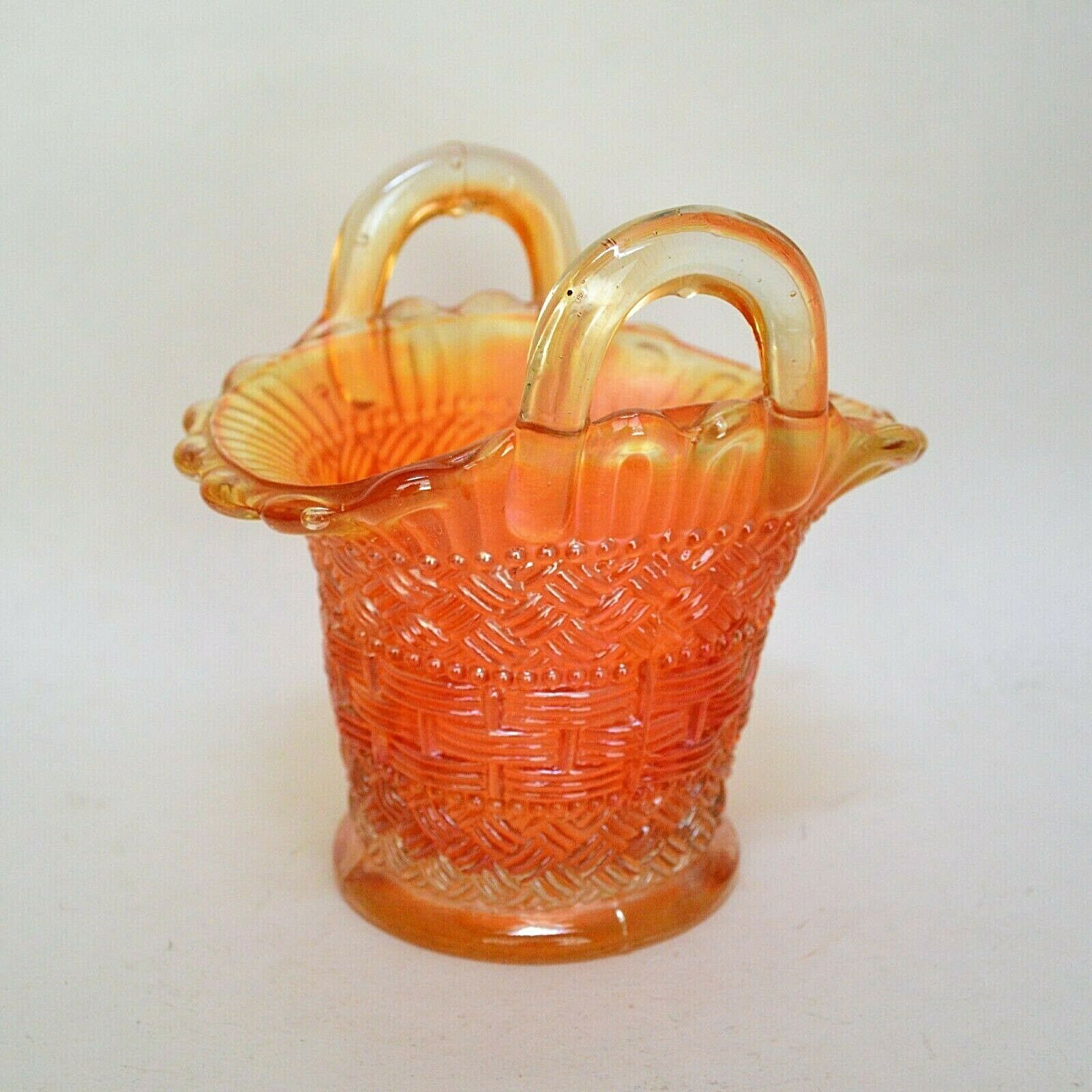 Vintage Dugan Carnival Glass Basket Marigold Basket Weave Double Loop Handles