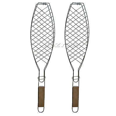 2 Bbq Barbecue Fish Grill Basket Folding Tool With Wooden Handle