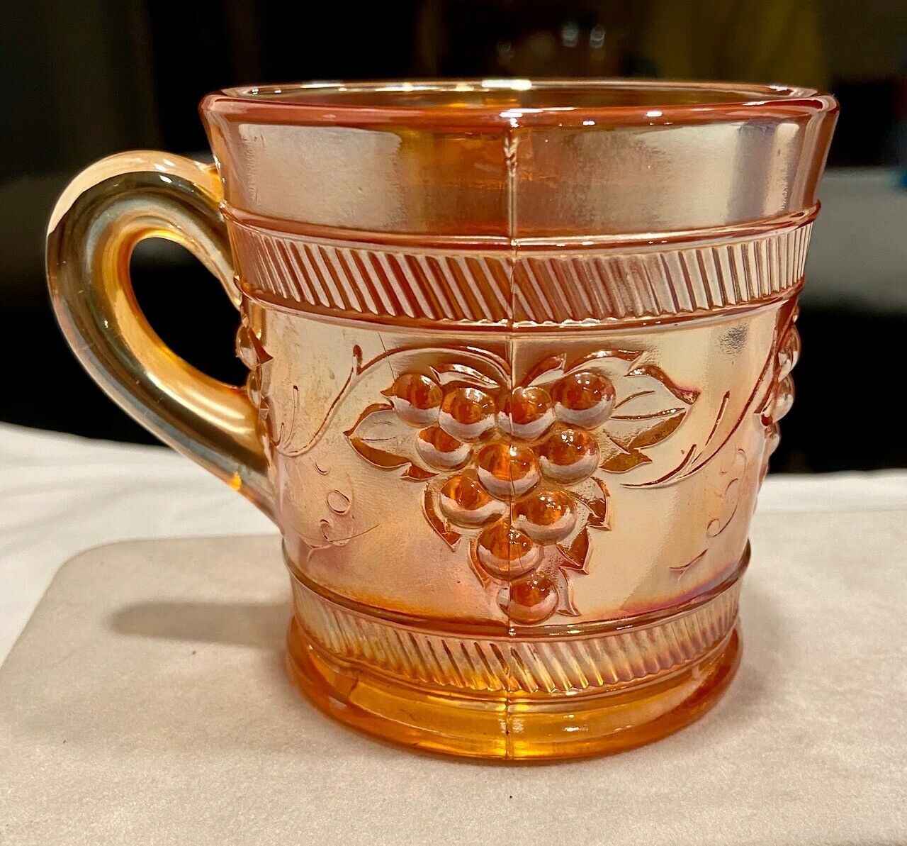 Vintage Grape Banded Marigold Design By Dugan Glass Co. - Carnival Glass Mug