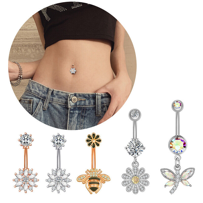 Dangled Belly Button Rings Surgical Steel Navel Piercing Crystal Bee Belly Ri Jl