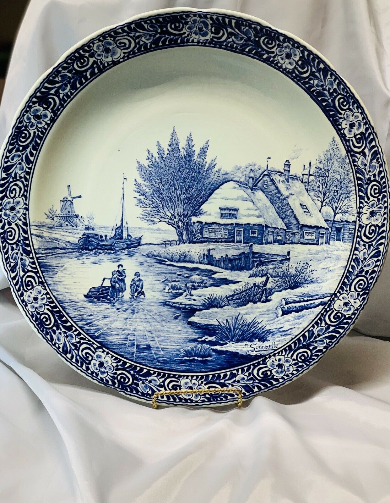 Large Delft Boch Belgium Blue/white Windmill Holland 15" Charger Royal Signed