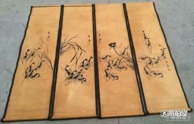 4pc Collects Old  Chinese Painting Scroll Qi Baishi Shrimps Painting