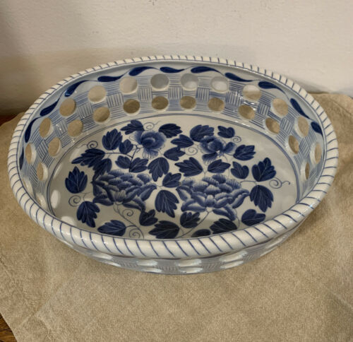 Maitland Smith Porcelain Delft Style Pierced Basket Blue White  Floral Design #2