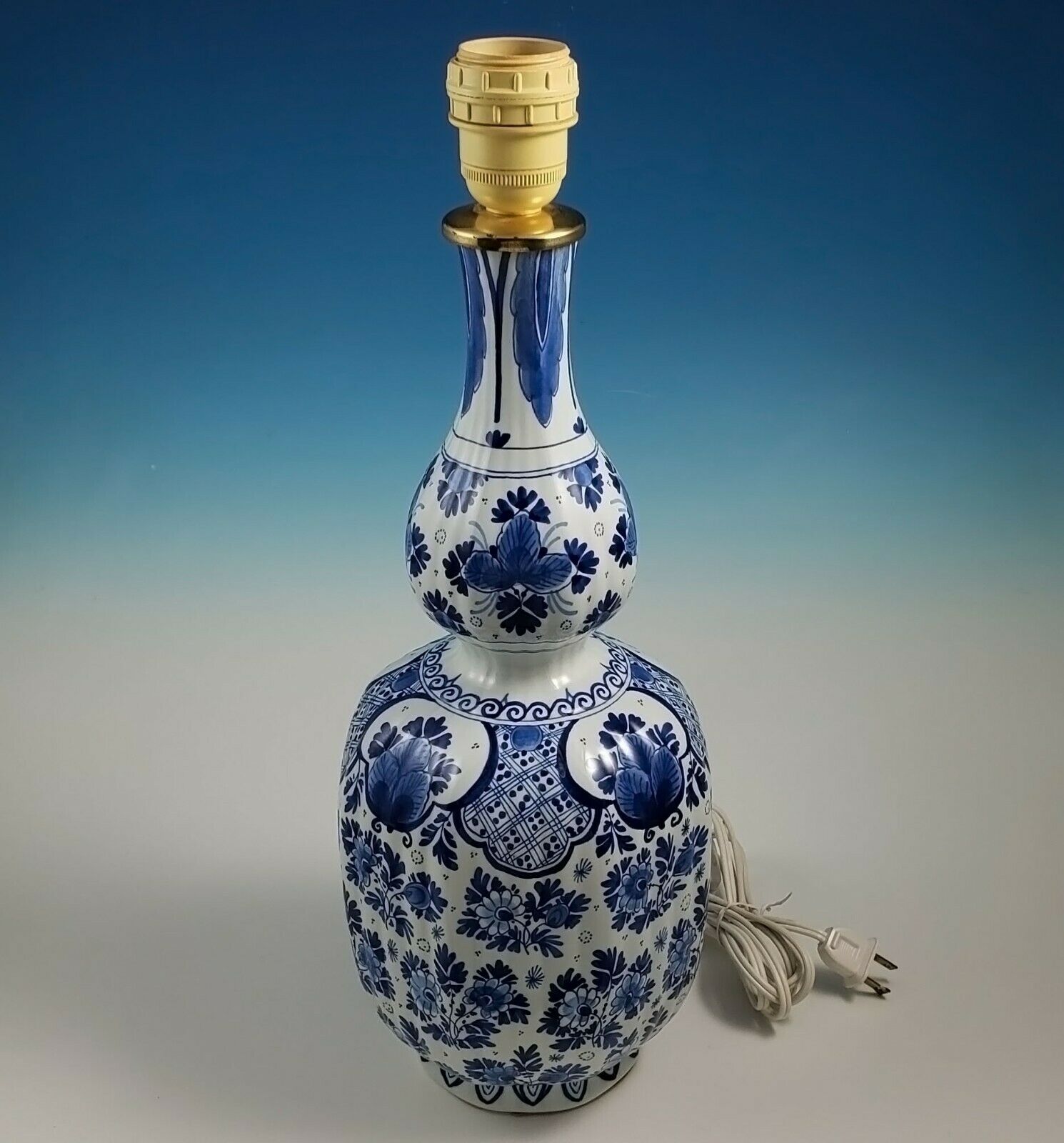 Vintage Royal Delft Fles Blue White Double Gourd Vase Lamp 17th Century Style