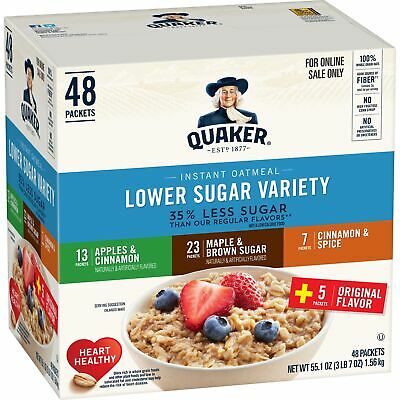 Quaker Instant Oatmeal, Lower Sugar, Variety Pack, Breakfast Cereal, 48 Packets