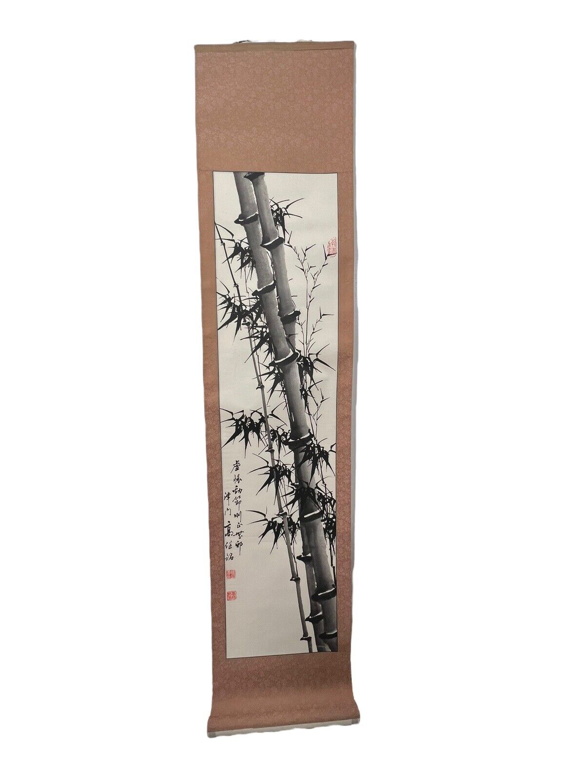 Vtg Inked Watercolor Chinese Painting Hanging Scroll Bamboo Calligraphy Signed