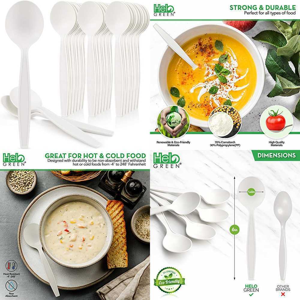 50 Pack Helogreen Eco Friendly Cornstarch 6" Disposable Soup Spoons Heavyweight